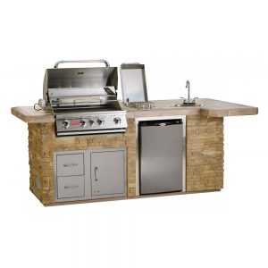 Stainless steel bull bbq grill island on a rock tile counter with storage compartments, drawers, water faucet, side burner, and a refrigerator
