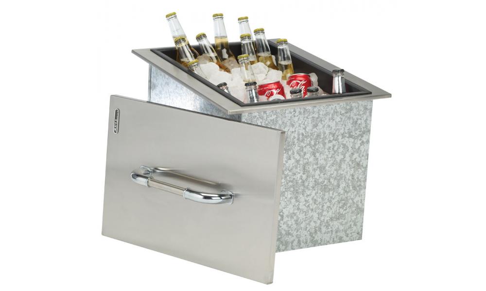 Open stainless steel construction Ice Chest filled with ice, beer, and soda