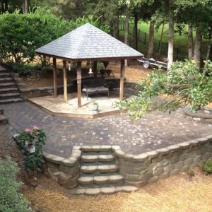 Overhead view of constructed paved patio and walkway in backyard in Indian Trail, North Carolina