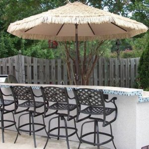 Outdoor kitchen island with bar stools and umbrella in Indian Trail, North Carolina