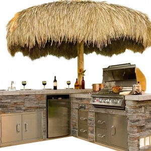 Outdoor kitchen and island with Hawaiian umbrella in Pineville, North Carolina
