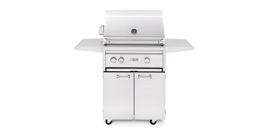 Stainless steel freestanding grill by Lynx with a white background