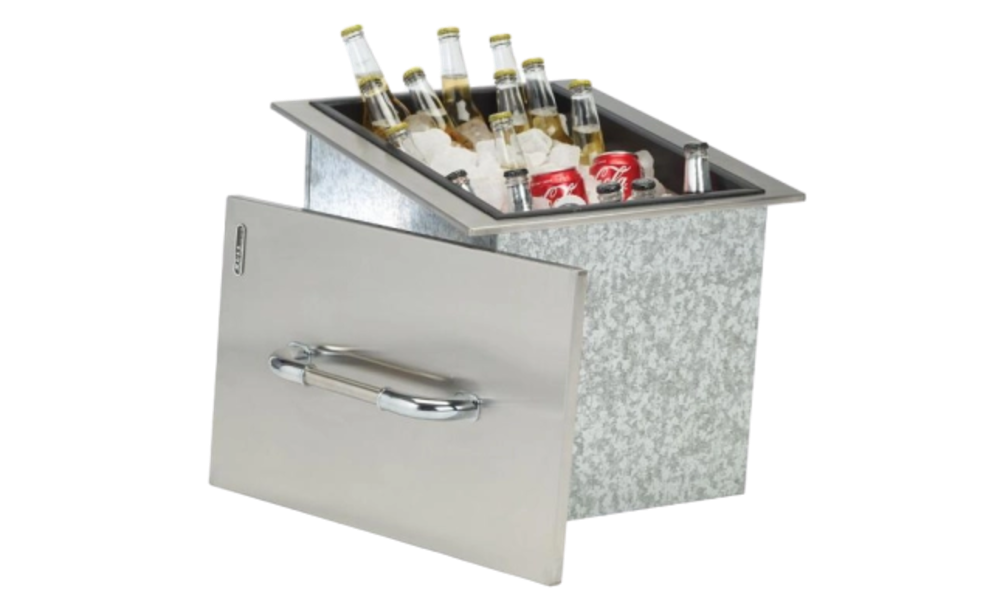 Open stainless steel construction Ice Chest filled with ice, beer, and soda
