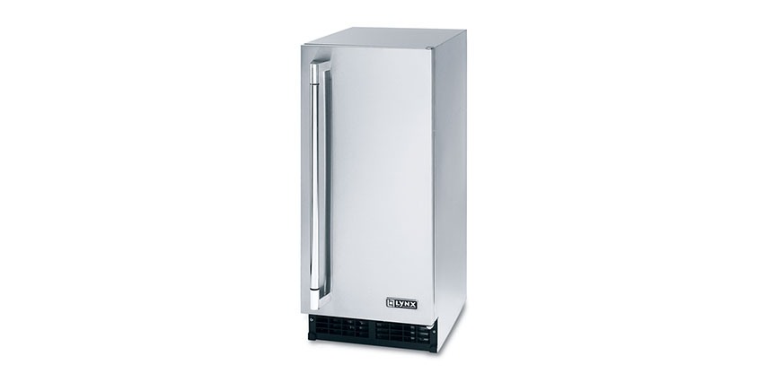 Stainless steel refrigerator by Lynx with a white background