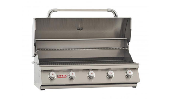 Stainless steel built in grill by Bull grill with a white background