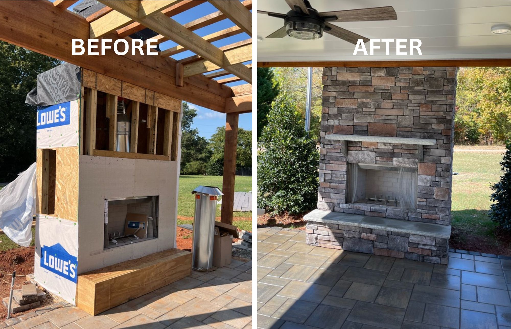 Before and After Transitions for a Fireplace and Fire Pit Installation in Indian Trail, North Carolina