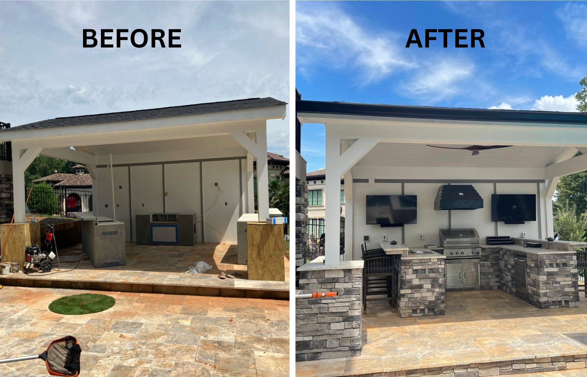 Before and After Transitions for a Full Outdoor Kitchen Installation in Cornelius, North Carolina