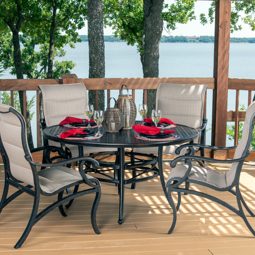 Outdoor Dining Set on wooden patio by the lake