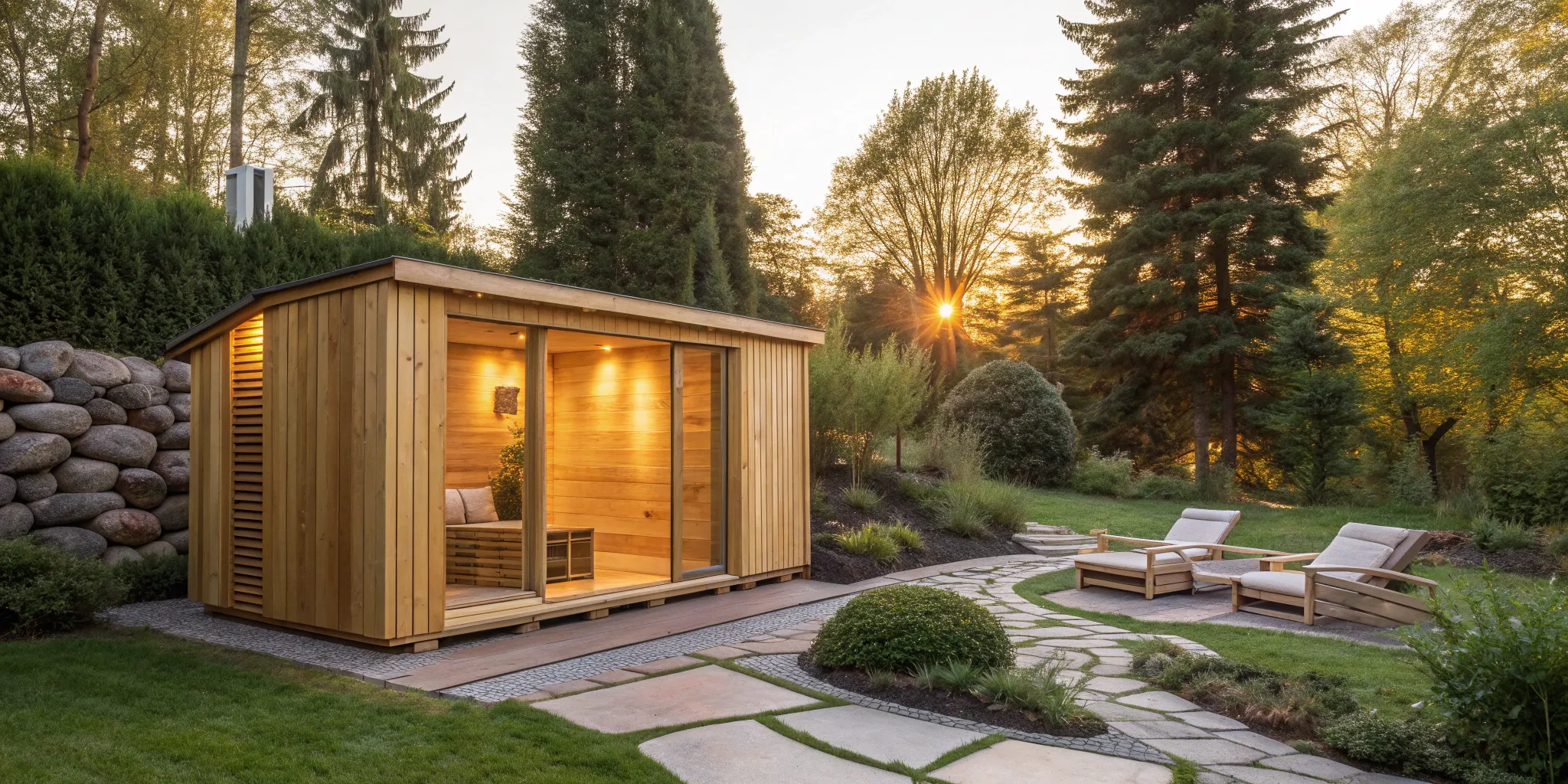 Best outdoor sauna. Wood cabin with backyard lounge chairs at sunset.