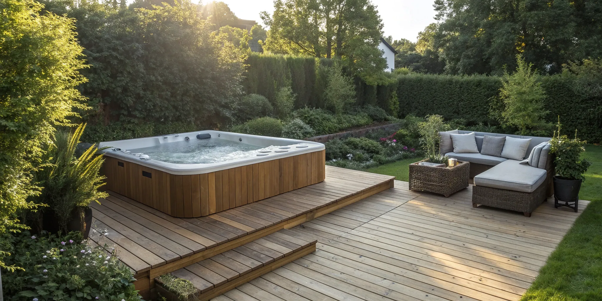 Hot tub deck with seating.