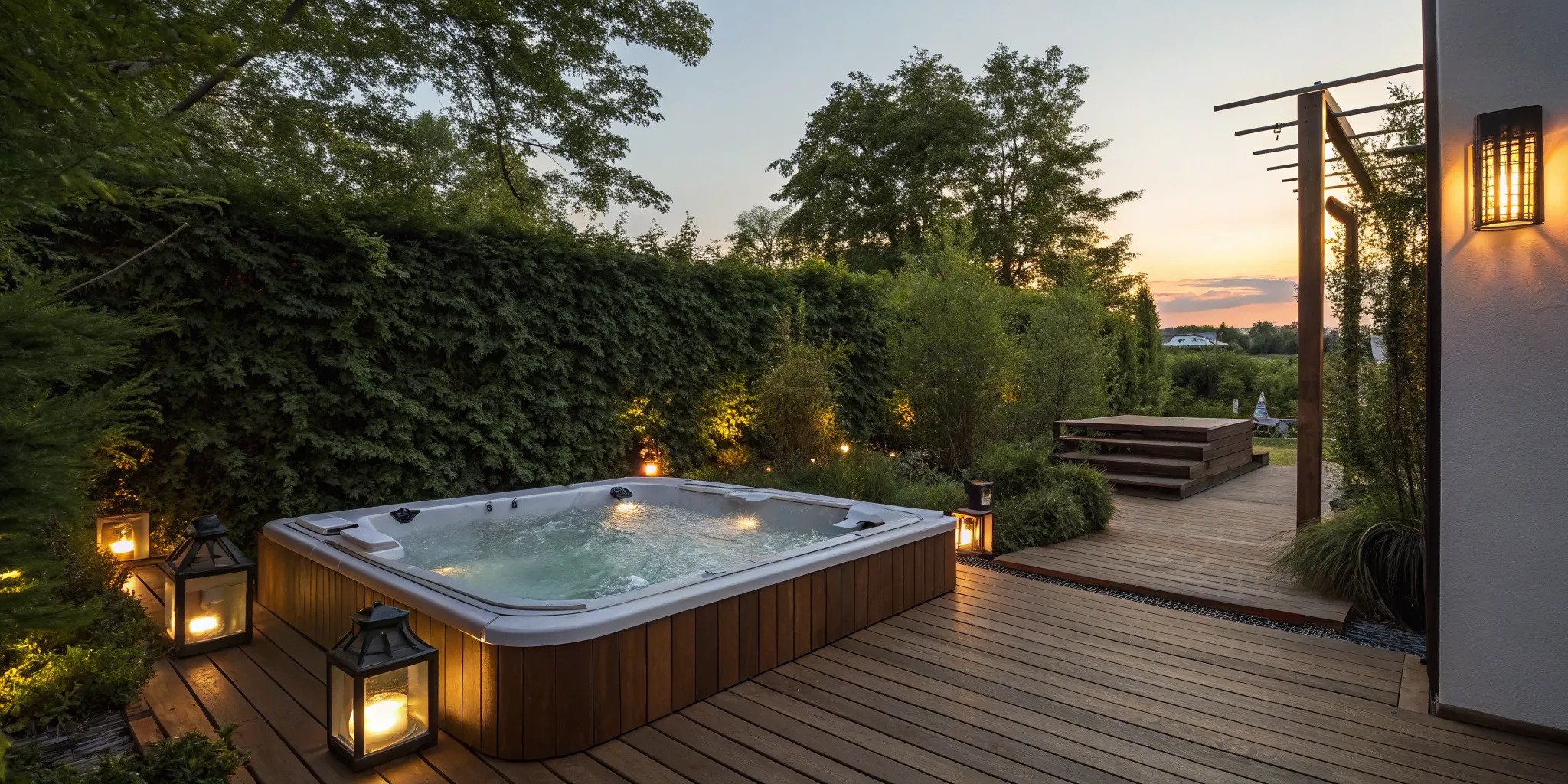Hot tub needing repair on wooden deck.