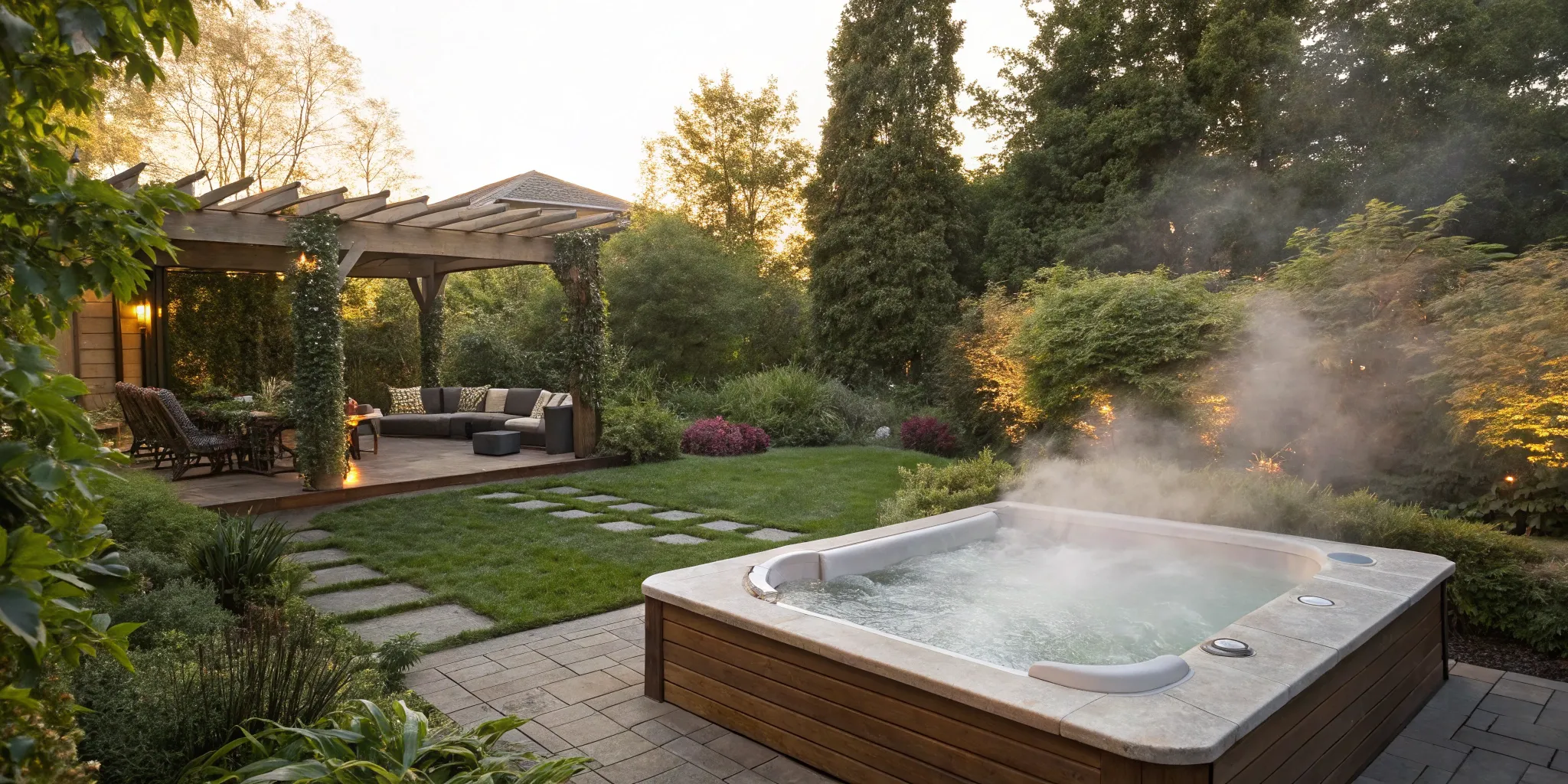 Steaming hot tub on a patio.