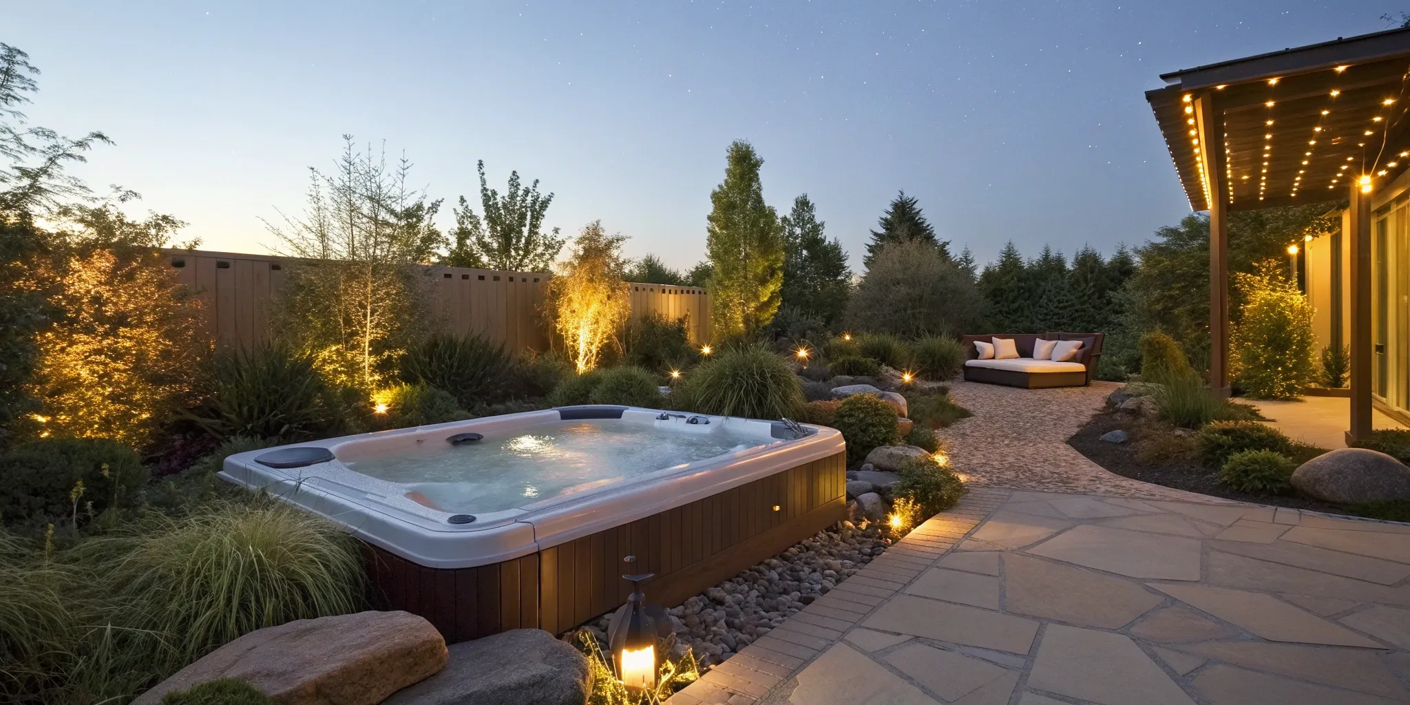 Relaxing saltwater hot tub at dusk.