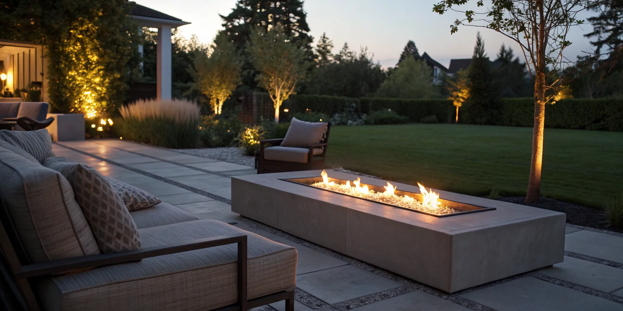 Rectangular fire pit insert adds warmth to a modern patio.