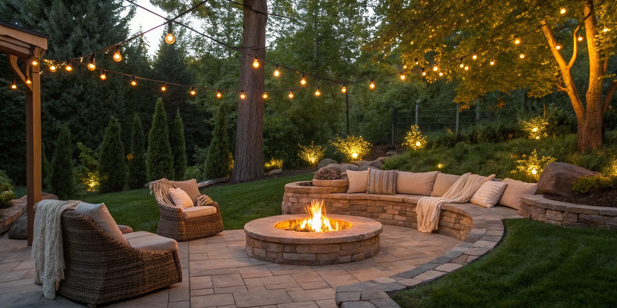 Outdoor stone fireplace on a backyard patio.