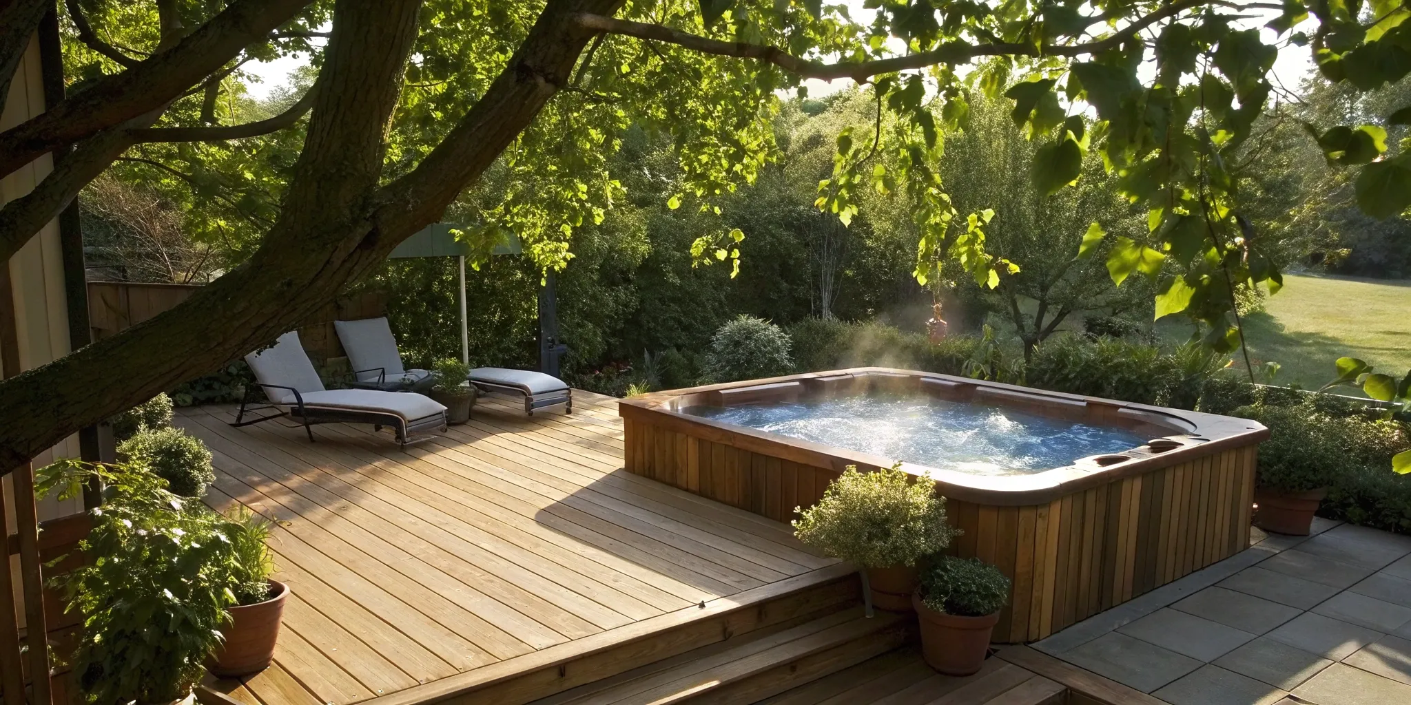 Wooden hot tub deck with built-in seating.