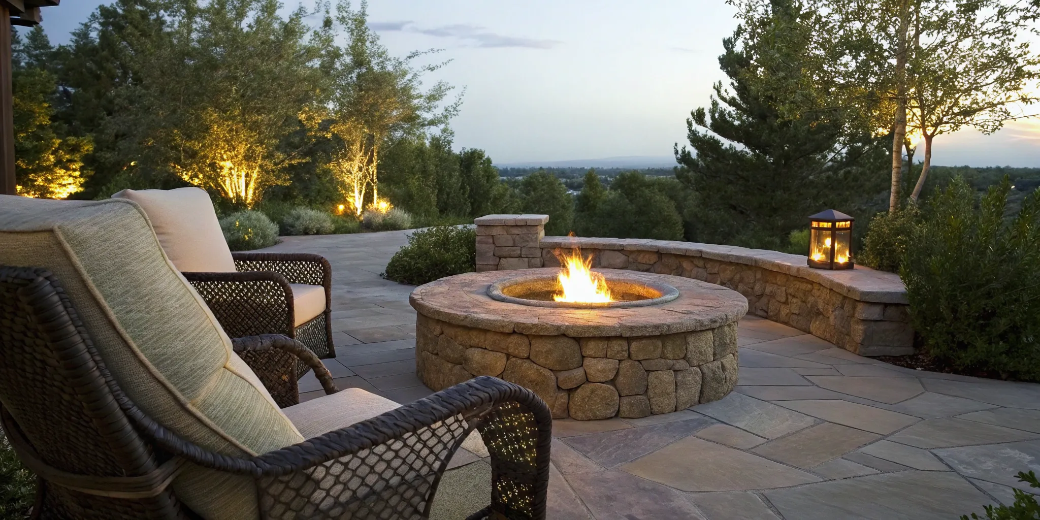 Stone fire pit kit with natural stone surround.
