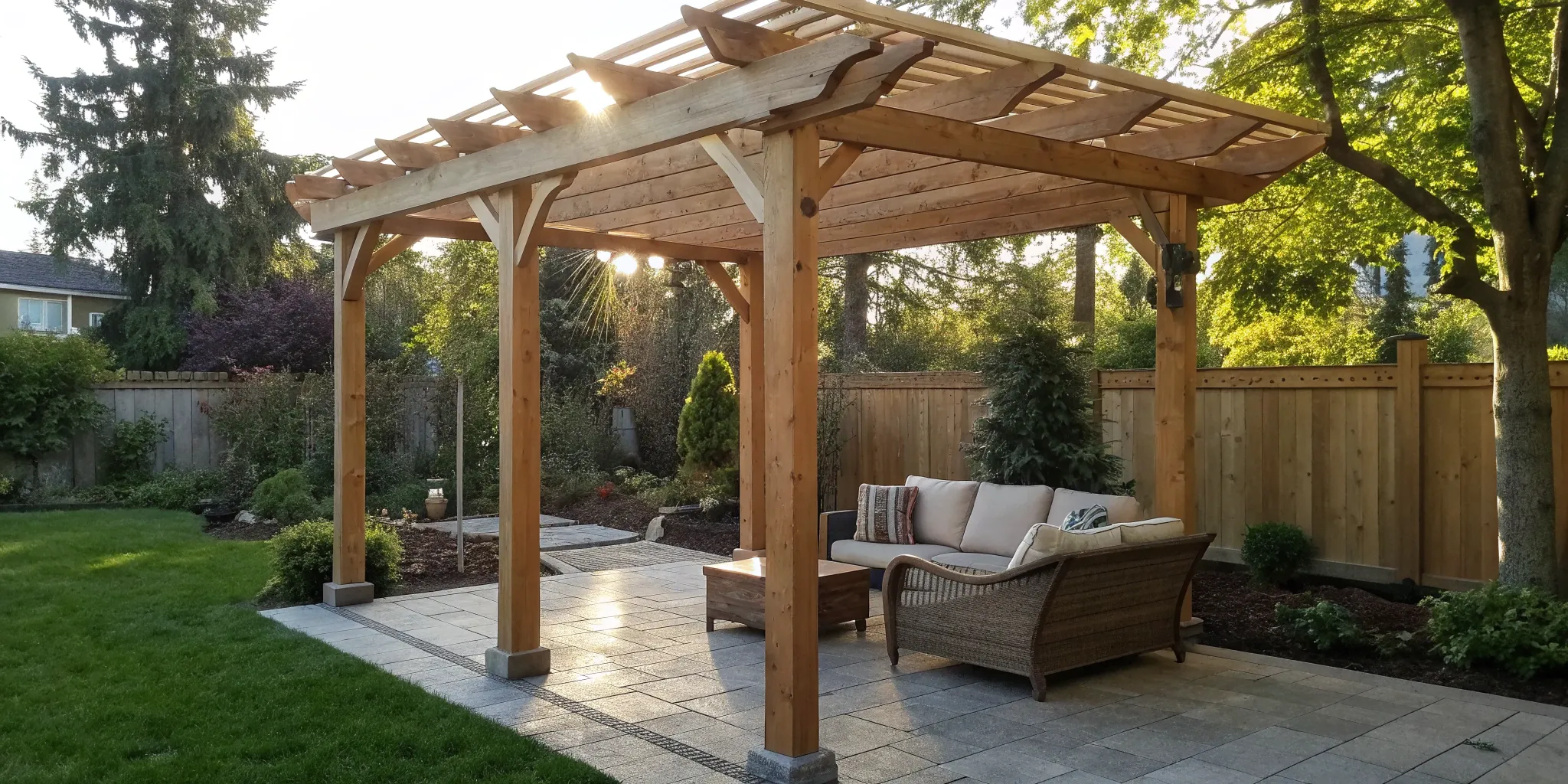 Backyard pergola with patio furniture.