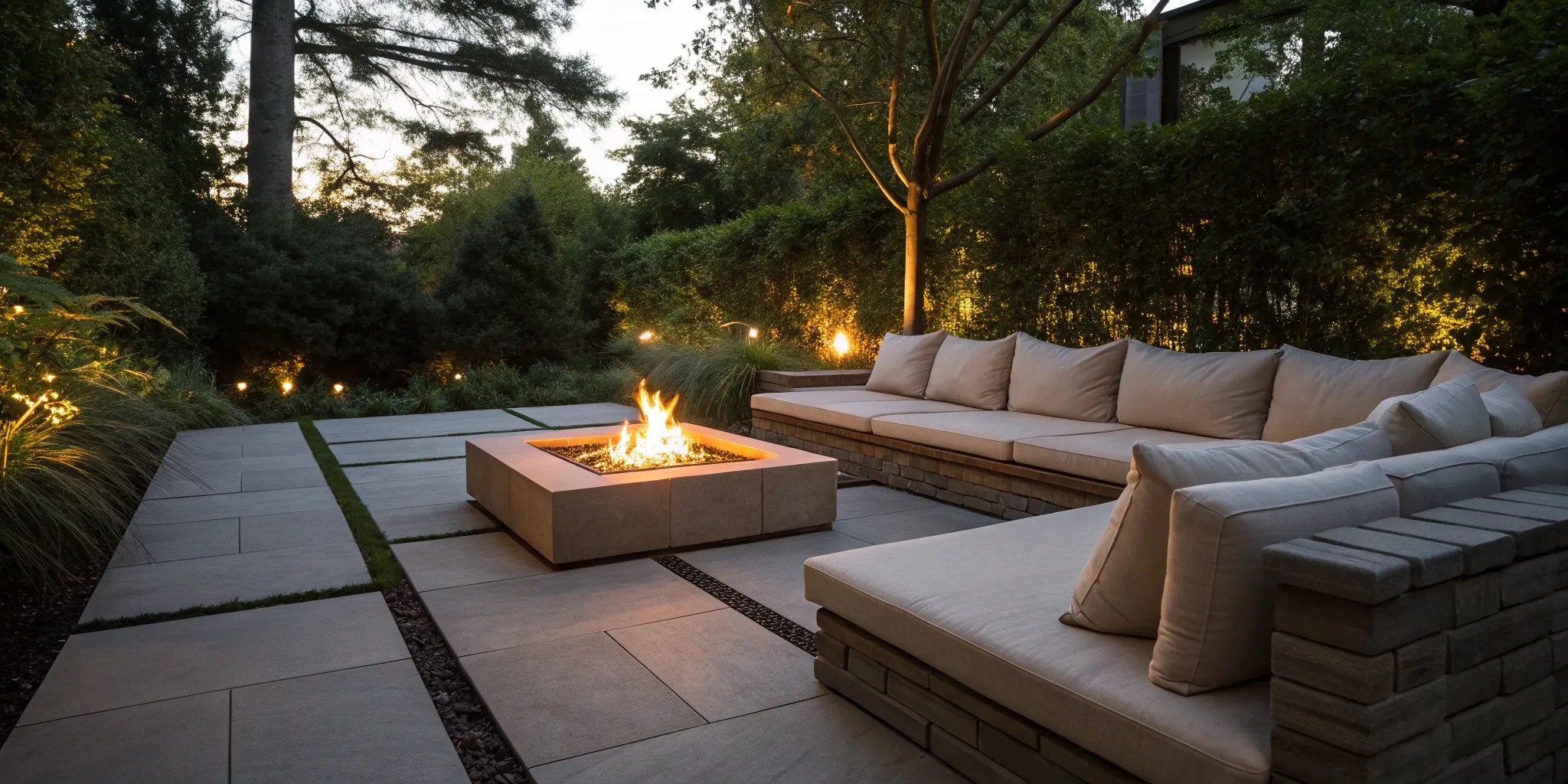 Custom gas fire pit with built-in seating on a modern patio.