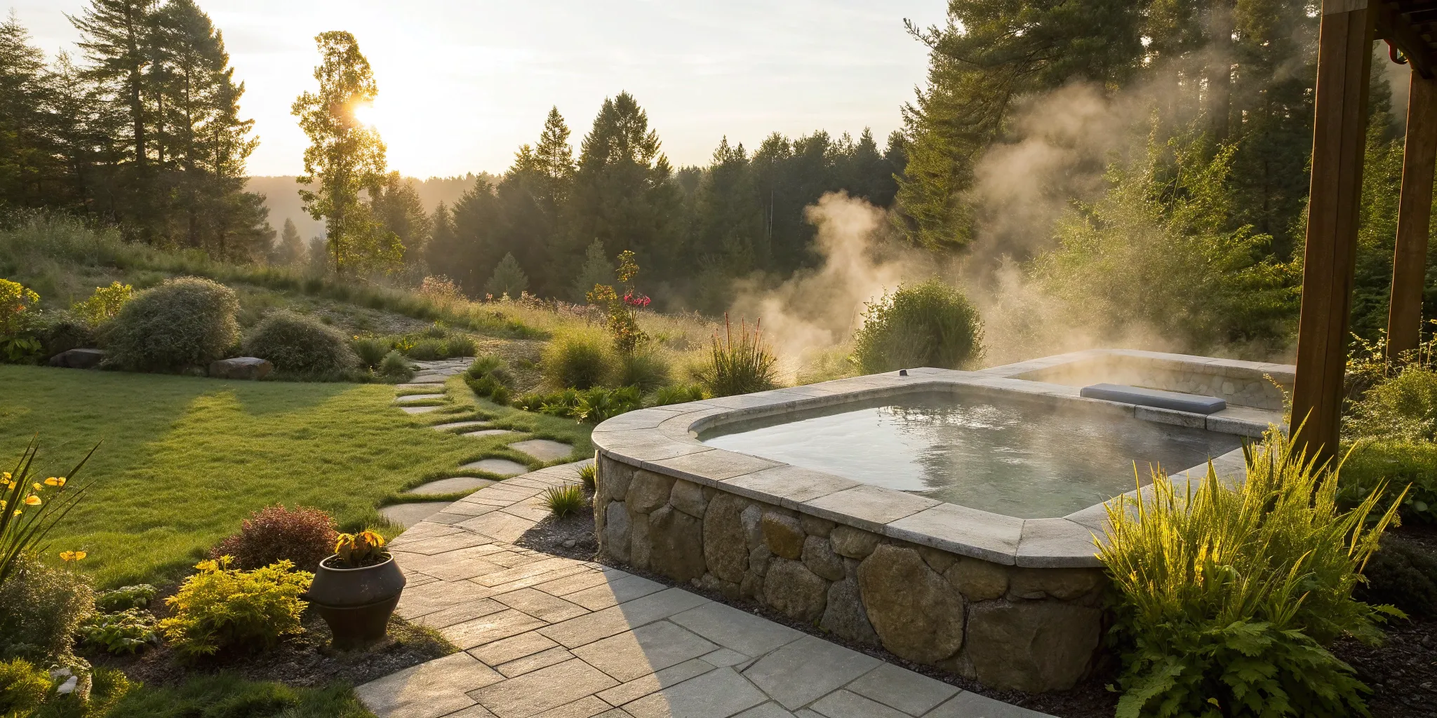 Hot tub with steam rising at sunset.