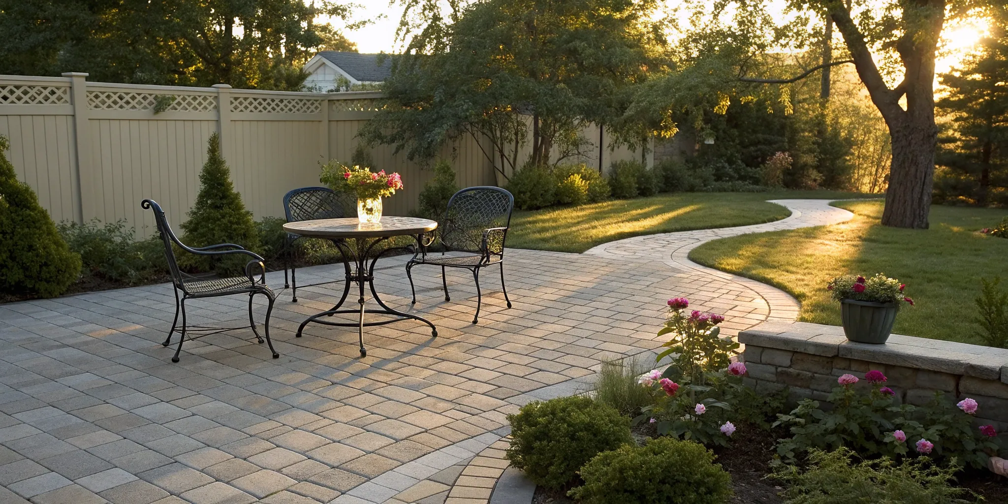 Backyard paver patio with furniture and curved walkway.