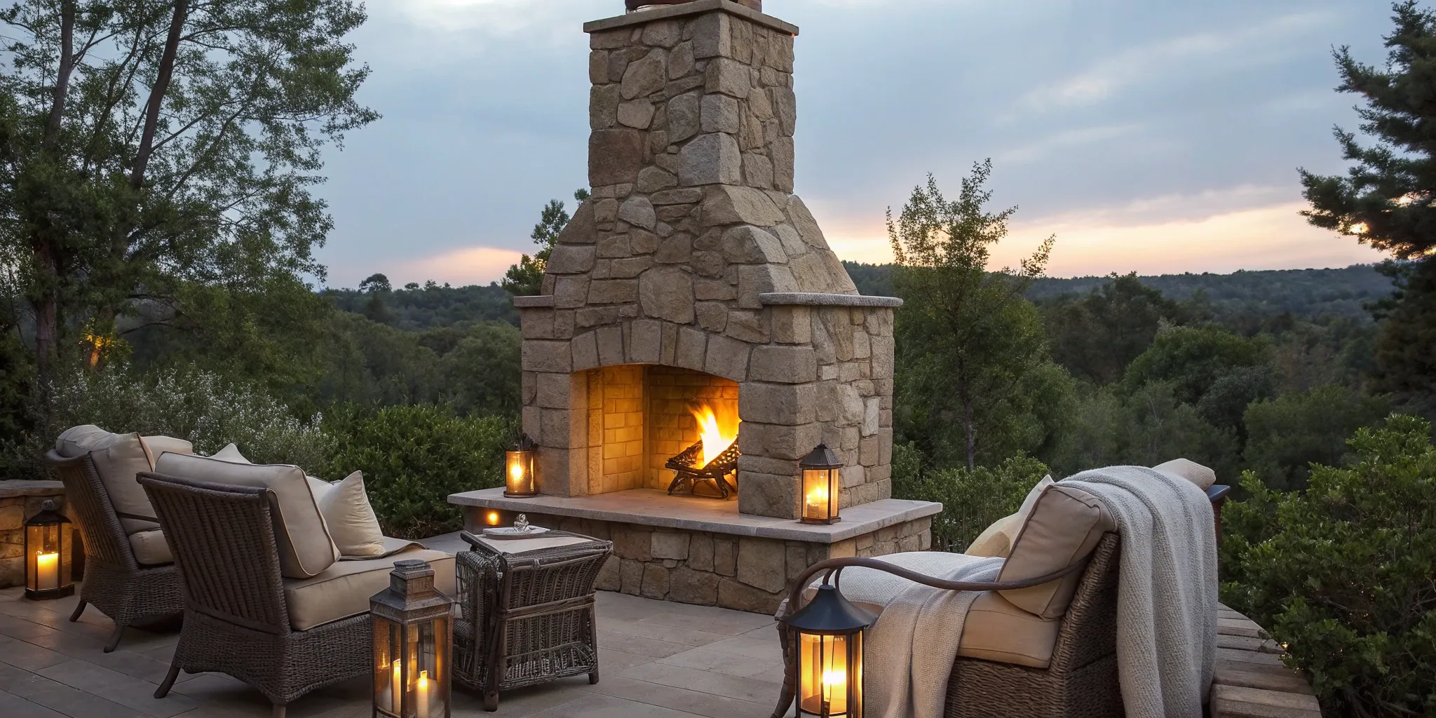 Natural stone outdoor fireplace enhances a patio setting.