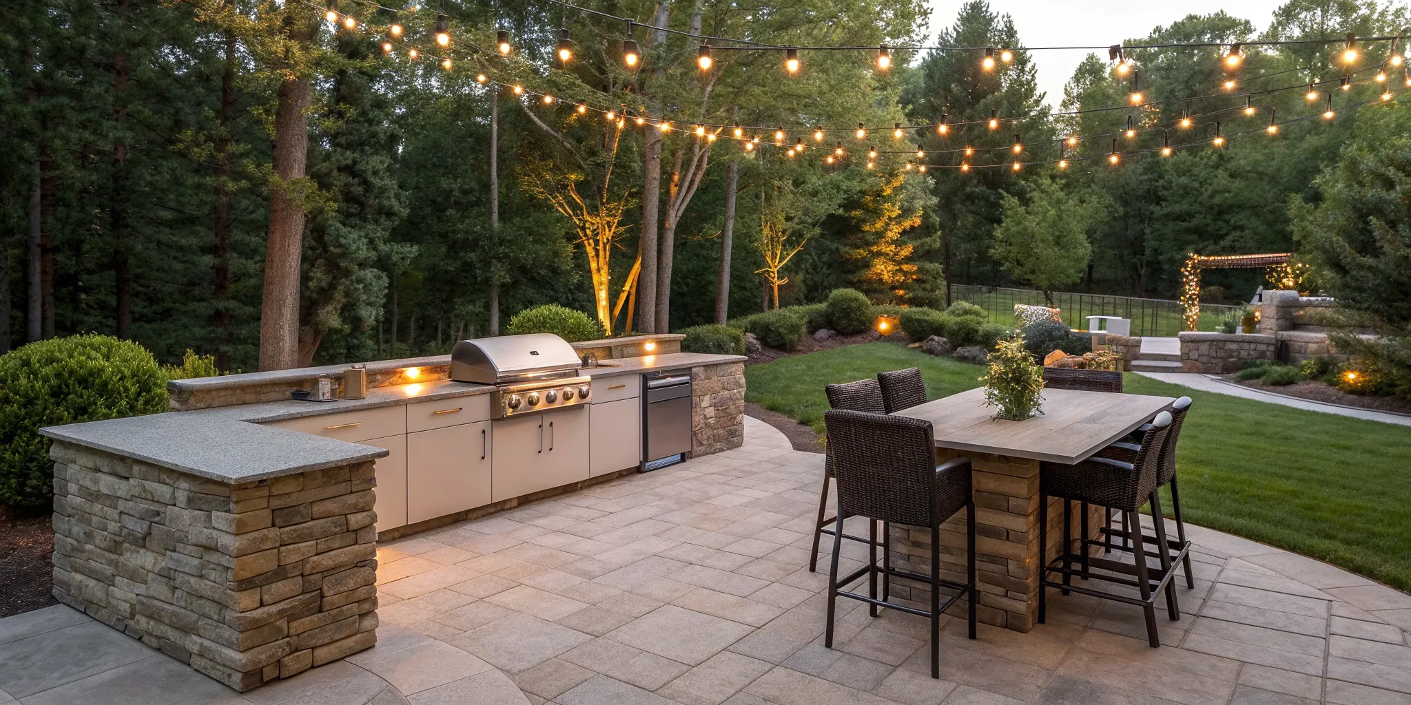 Charlotte, NC outdoor kitchen with grill, dining area, and lighting.