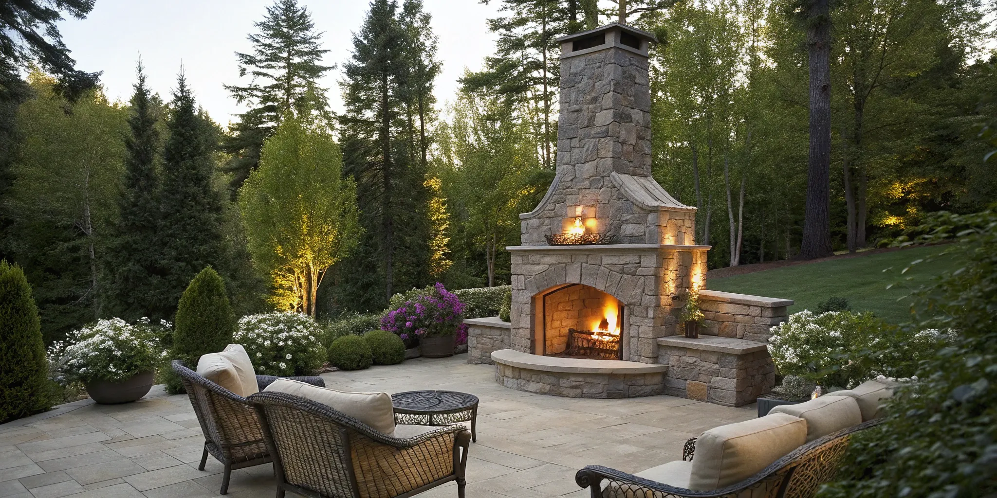 Outdoor stone fireplace with chimney.