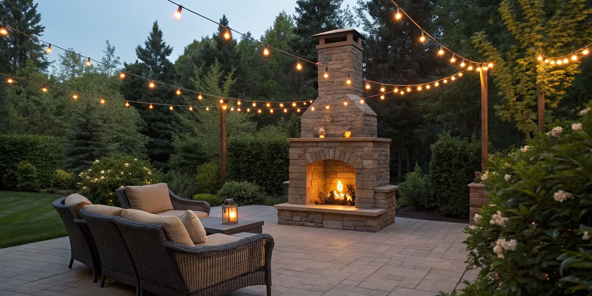 Outdoor stone fireplace with seating and lighting.