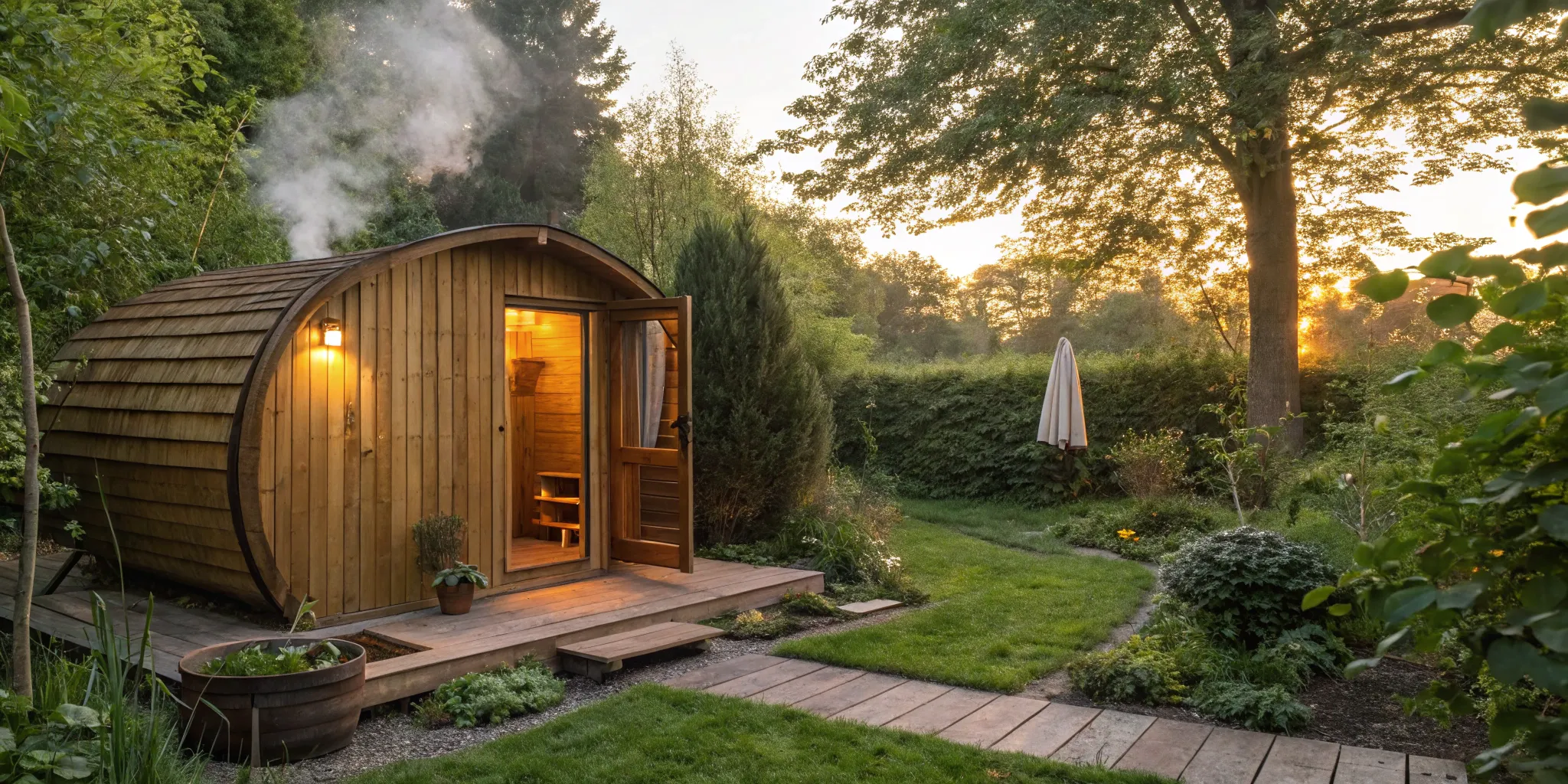 Charlotte outdoor barrel sauna at sunset.