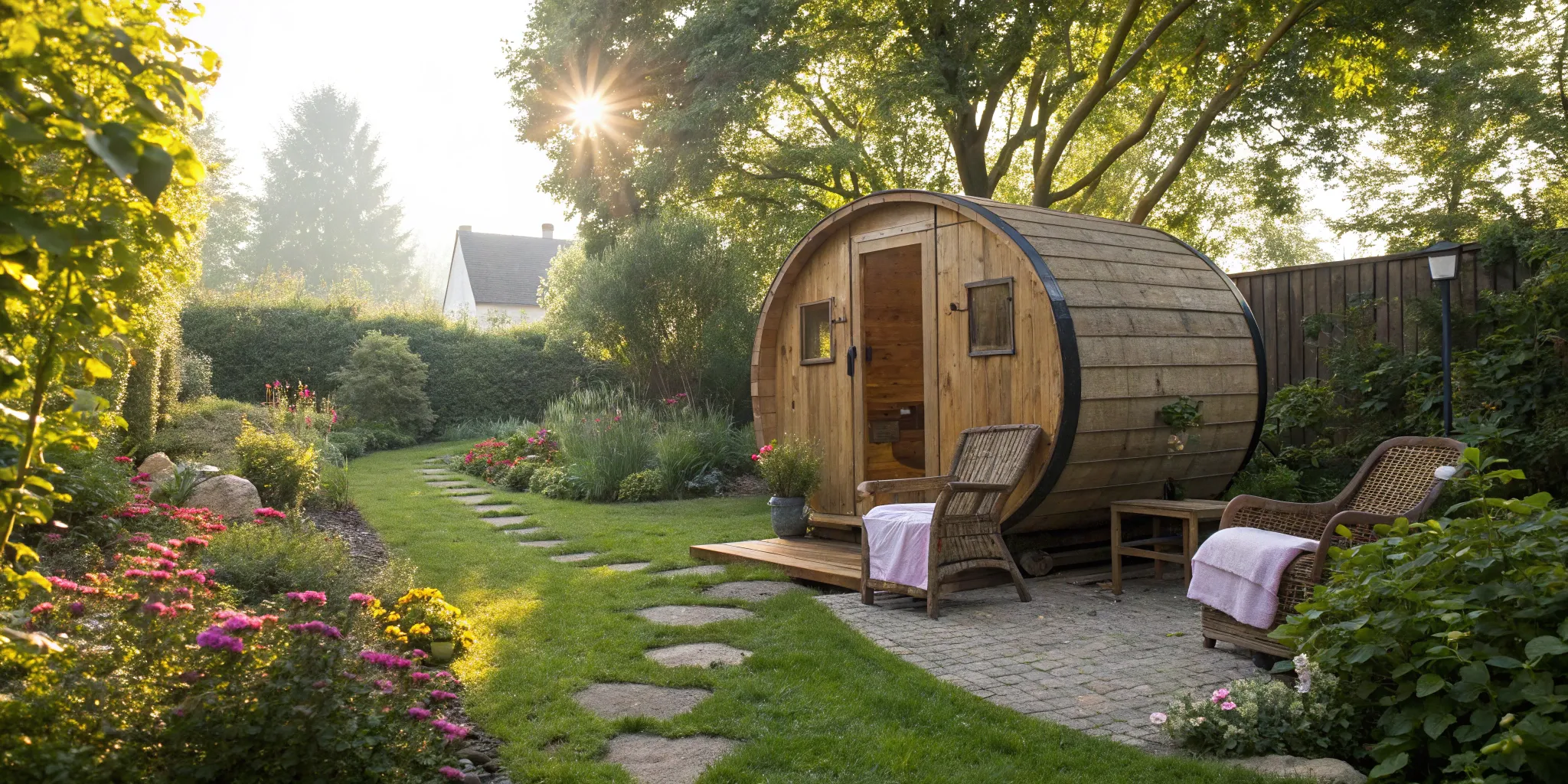 Cedar barrel sauna kit in a backyard setting.