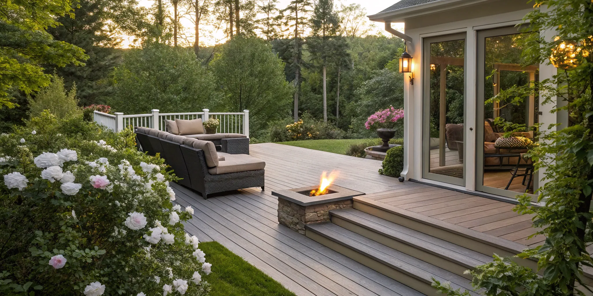 Composite deck builders construct a backyard deck with seating and fire pit.