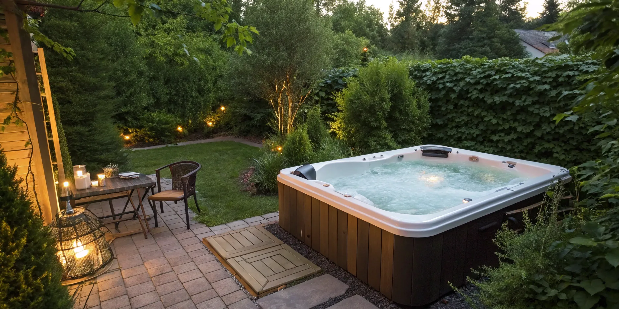 A clean outdoor hot tub with bubbling water following a professional maintenance service.