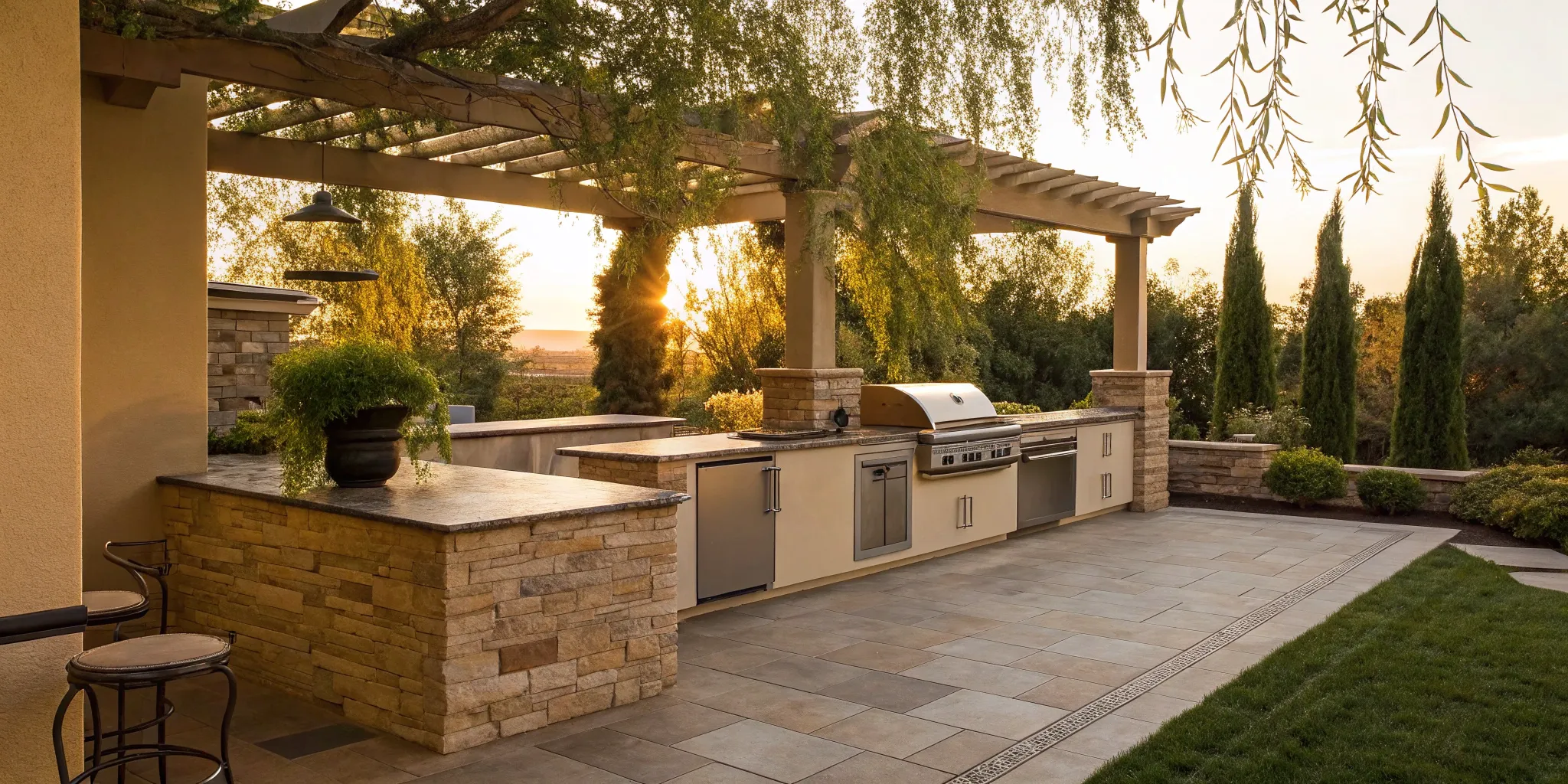 Outdoor kitchen with grill, stone counters, and pergola.