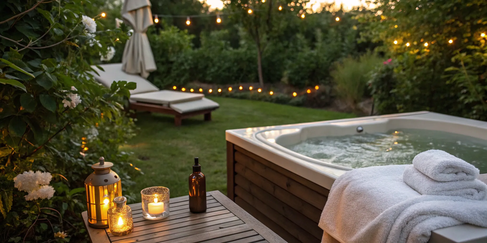 A clean, bubbling outdoor hot tub, a factor in the overall hot tub maintenance cost.