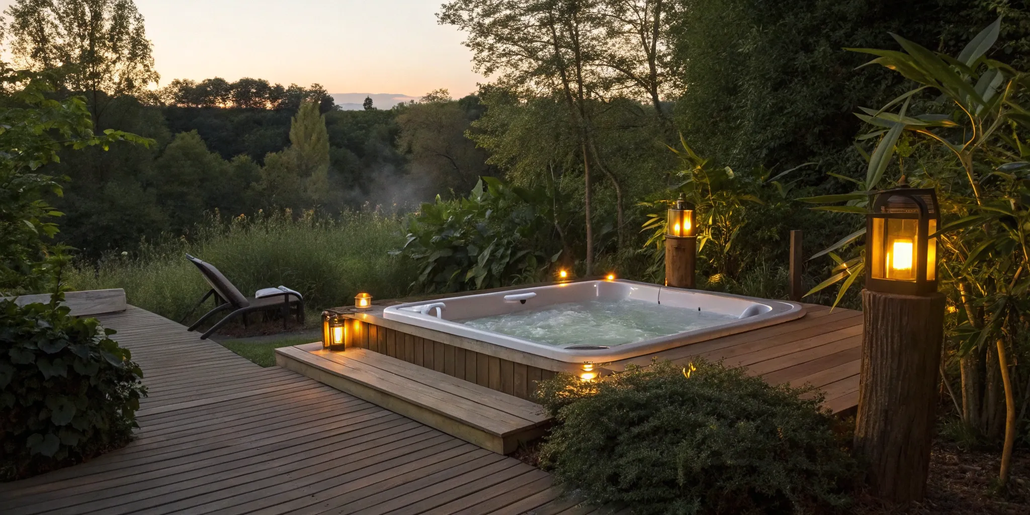 Outdoor hot tub on a deck, kept clean and balanced with a hot tub chemical starter kit.