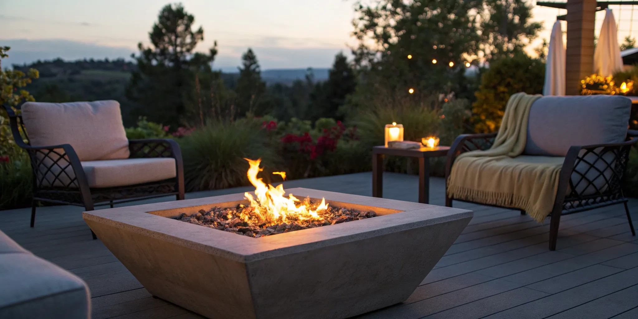 A complete natural gas fire pit burner kit creating a warm fire on a modern patio.