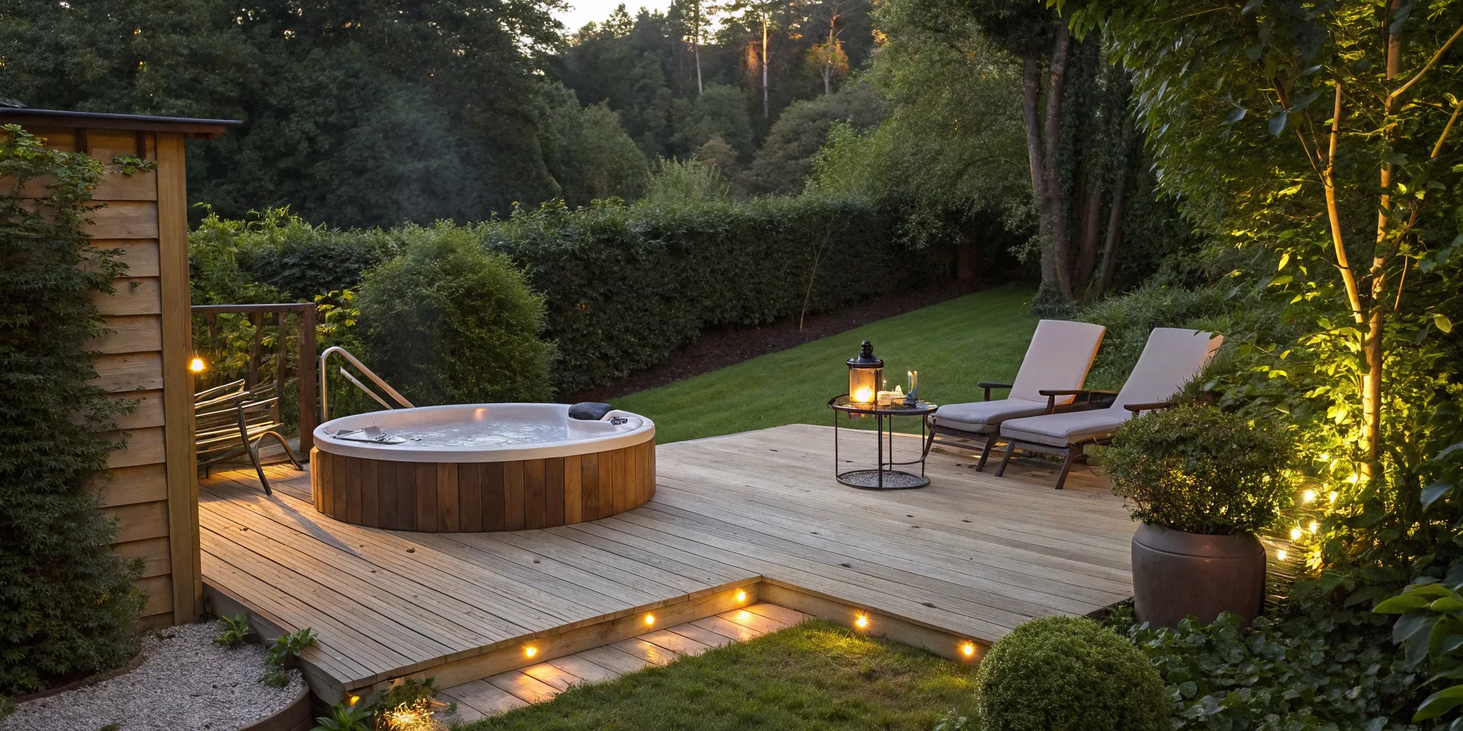 Small deck with a cozy hot tub and lounge chairs under warm ambient lighting.