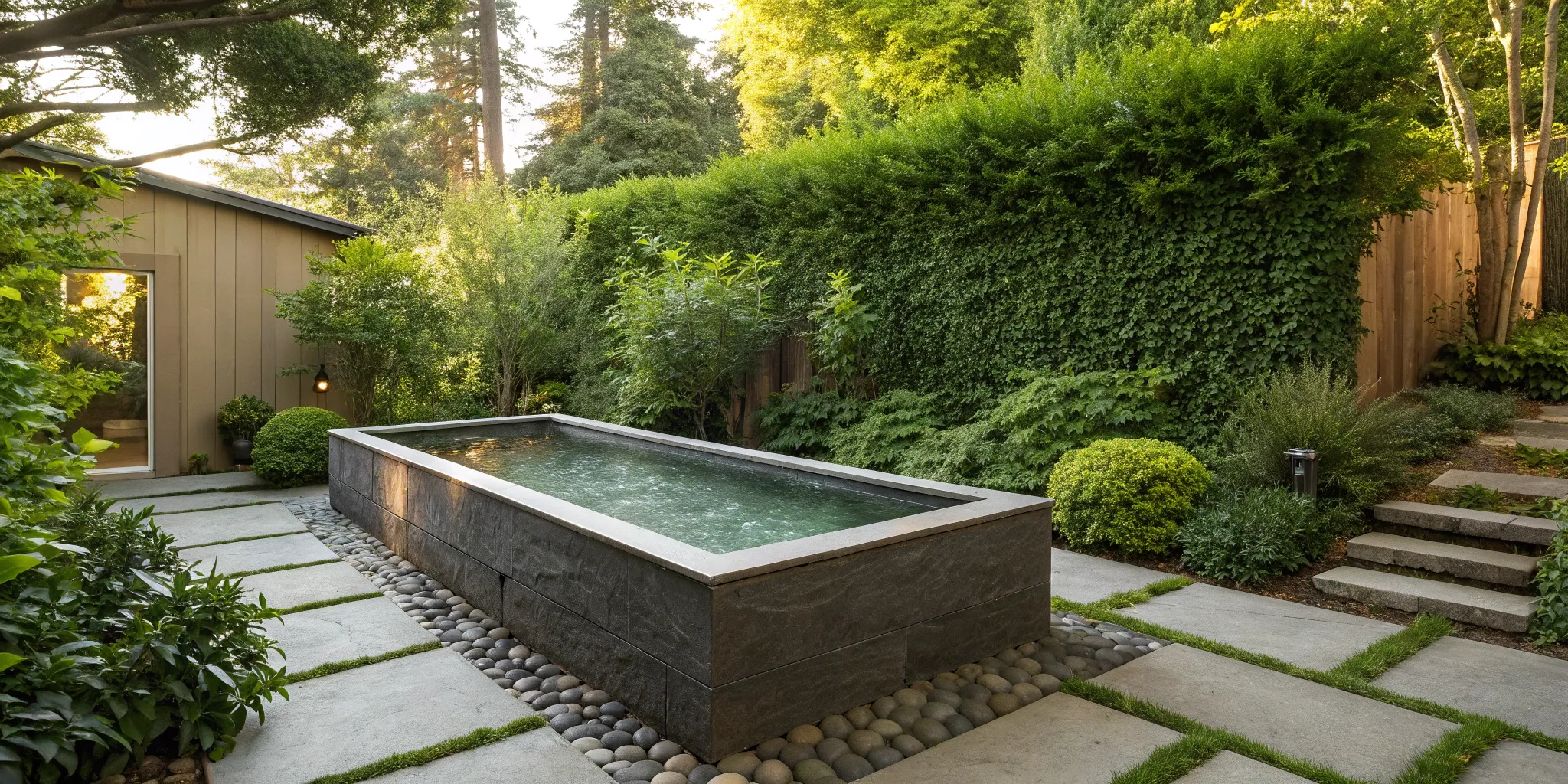 A cold plunge tub with a chiller and filter system set up on an outdoor stone patio.