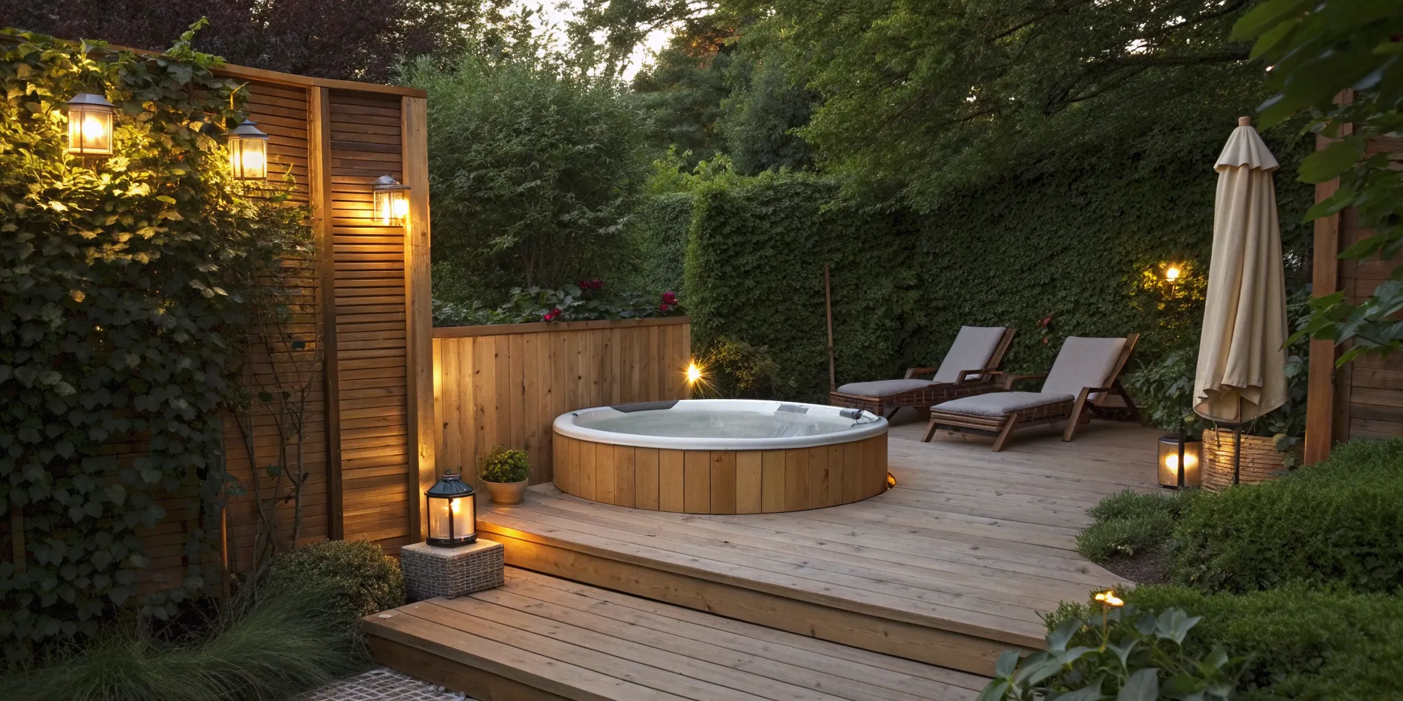 A small, budget-friendly wood deck with a hot tub and cozy seating in a compact backyard.