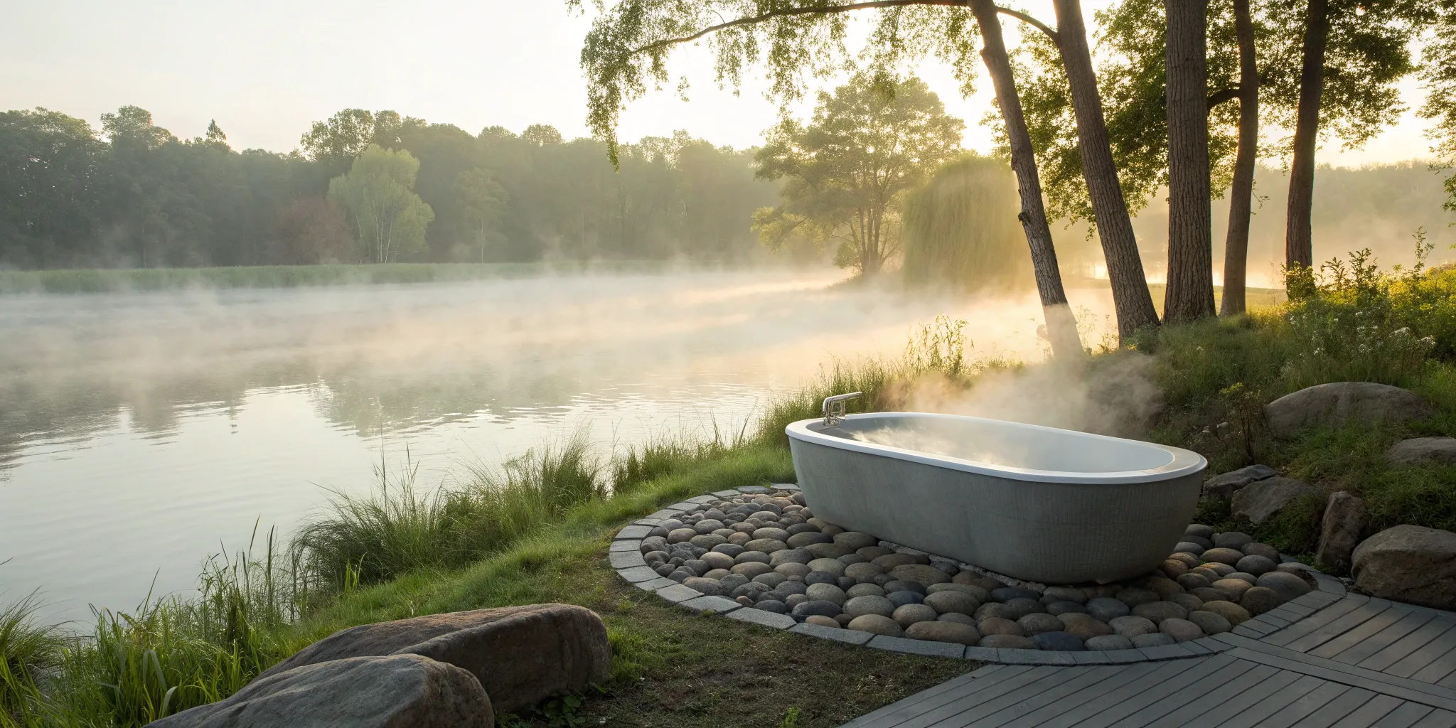 Serene outdoor tub by a misty lake, ready for the benefits of cold plunge therapy.