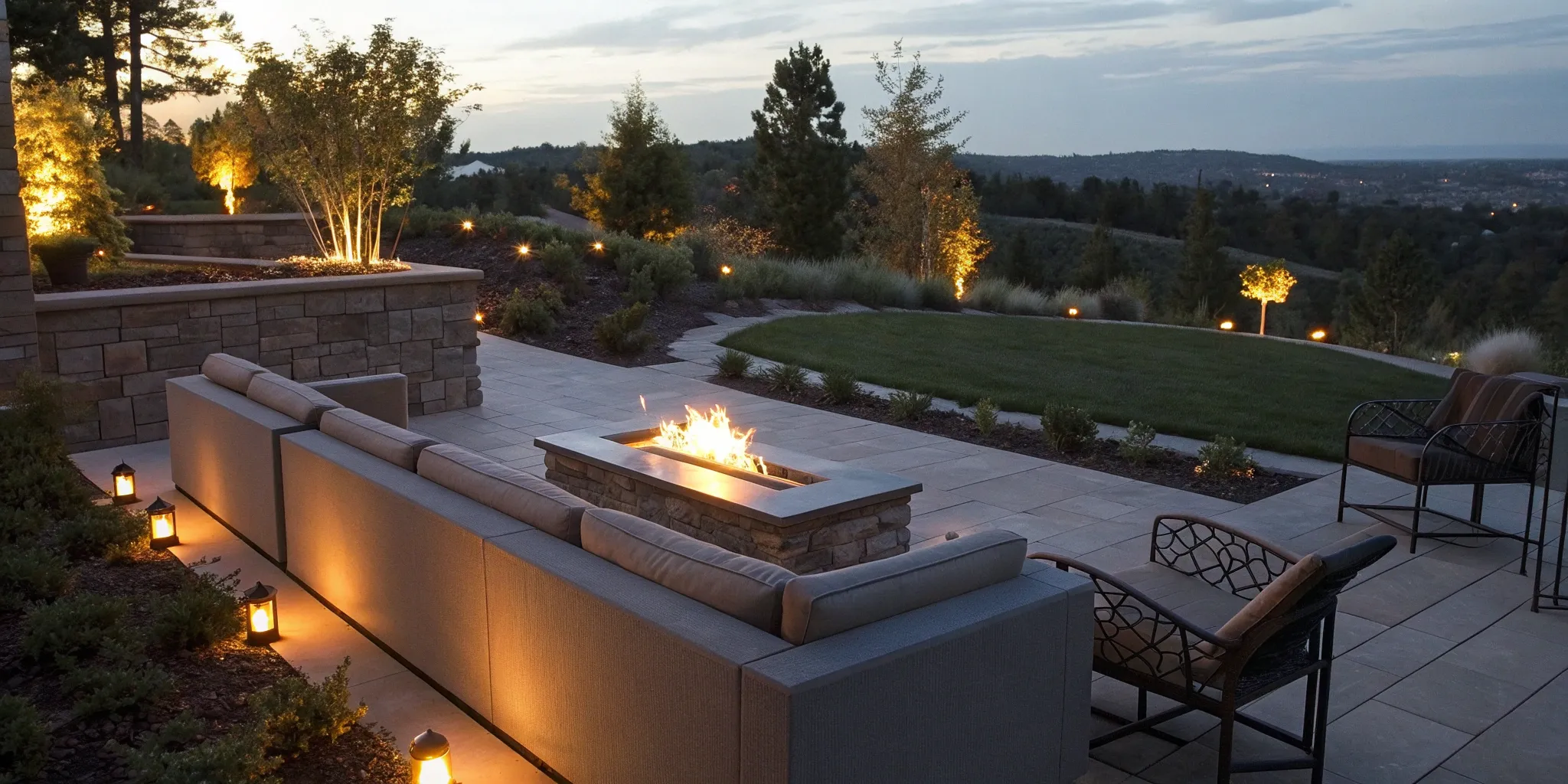 A custom gas fire pit burner creating a warm, inviting flame on a modern patio.