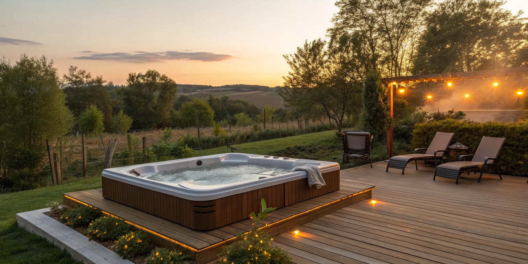 Hot tub installation on a backyard deck, meeting foundation and electrical requirements.