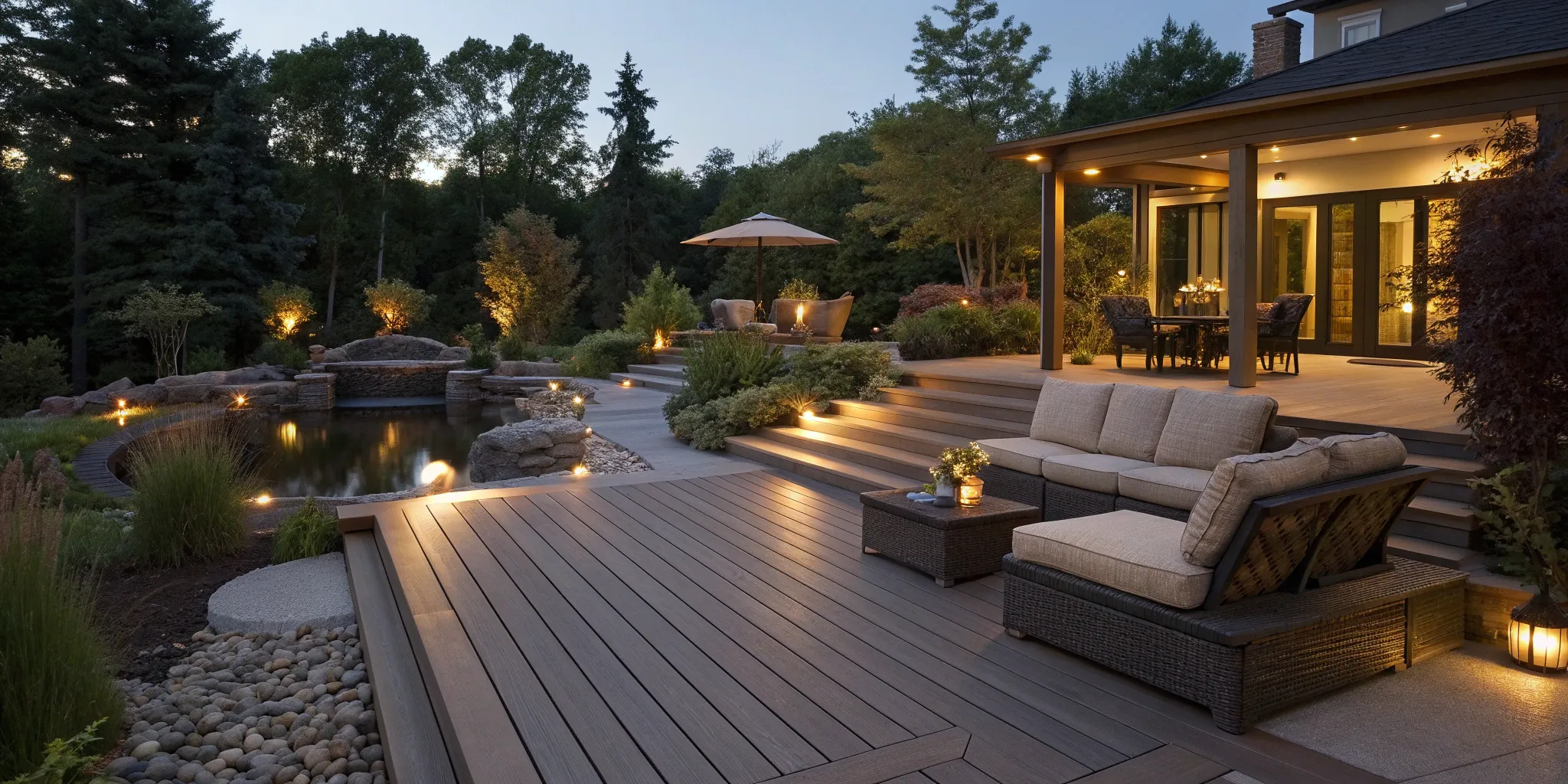 The cost to build a modern composite deck with outdoor seating and built-in lighting.