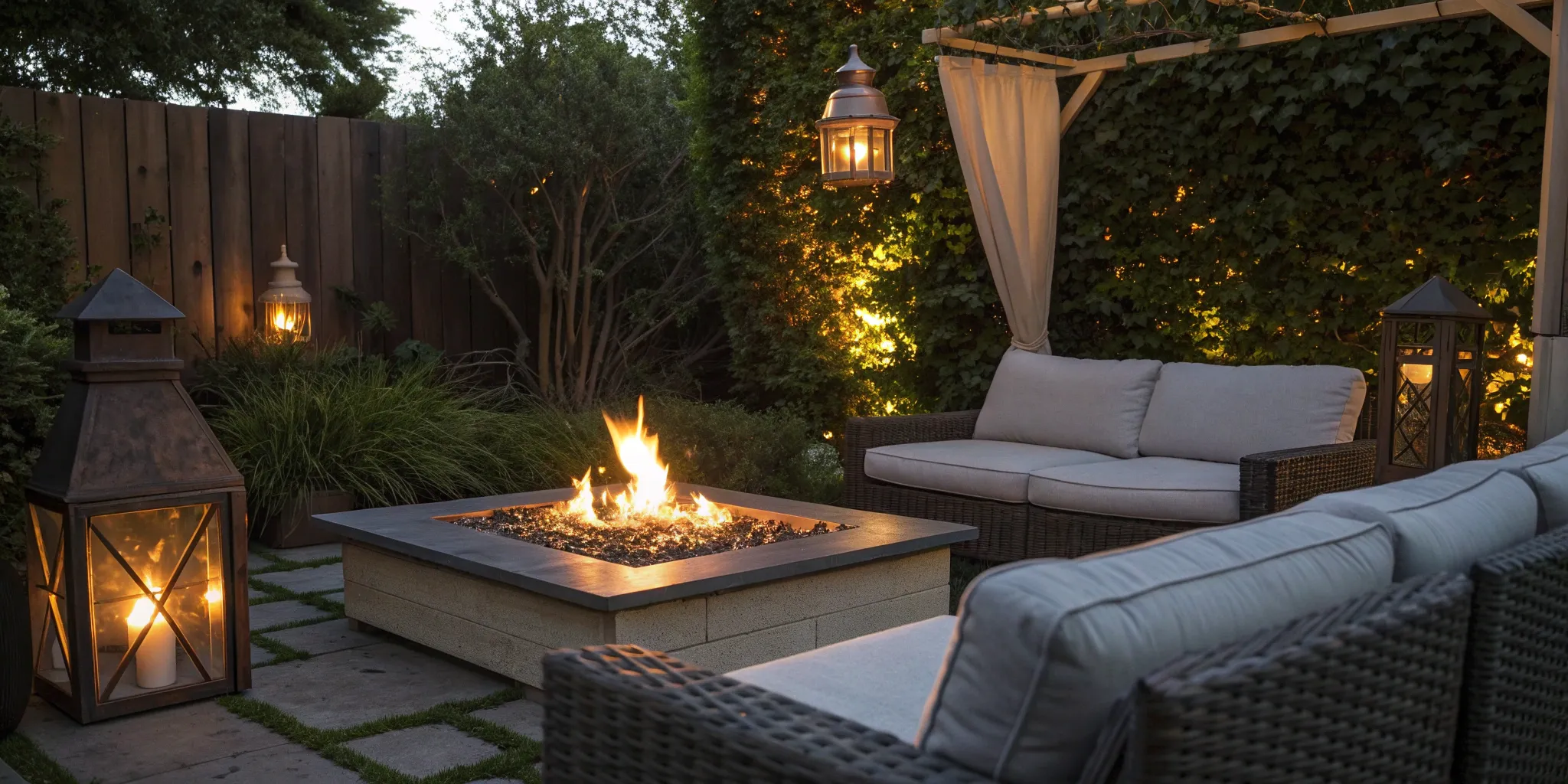 A round gas fire pit insert kit with burning lava rocks in a modern stone fire pit.