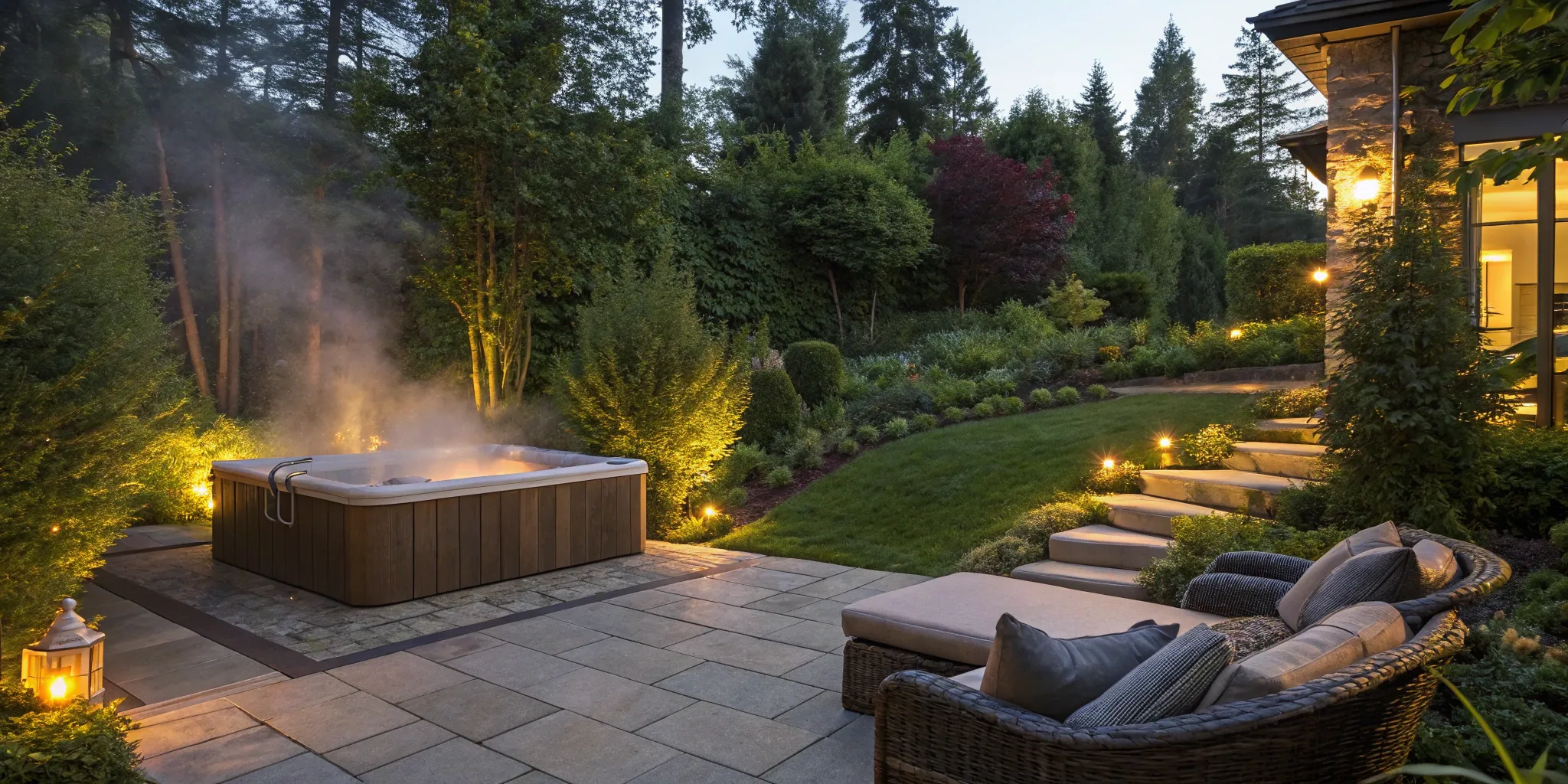 A properly installed hot tub in a backyard on a solid patio foundation.