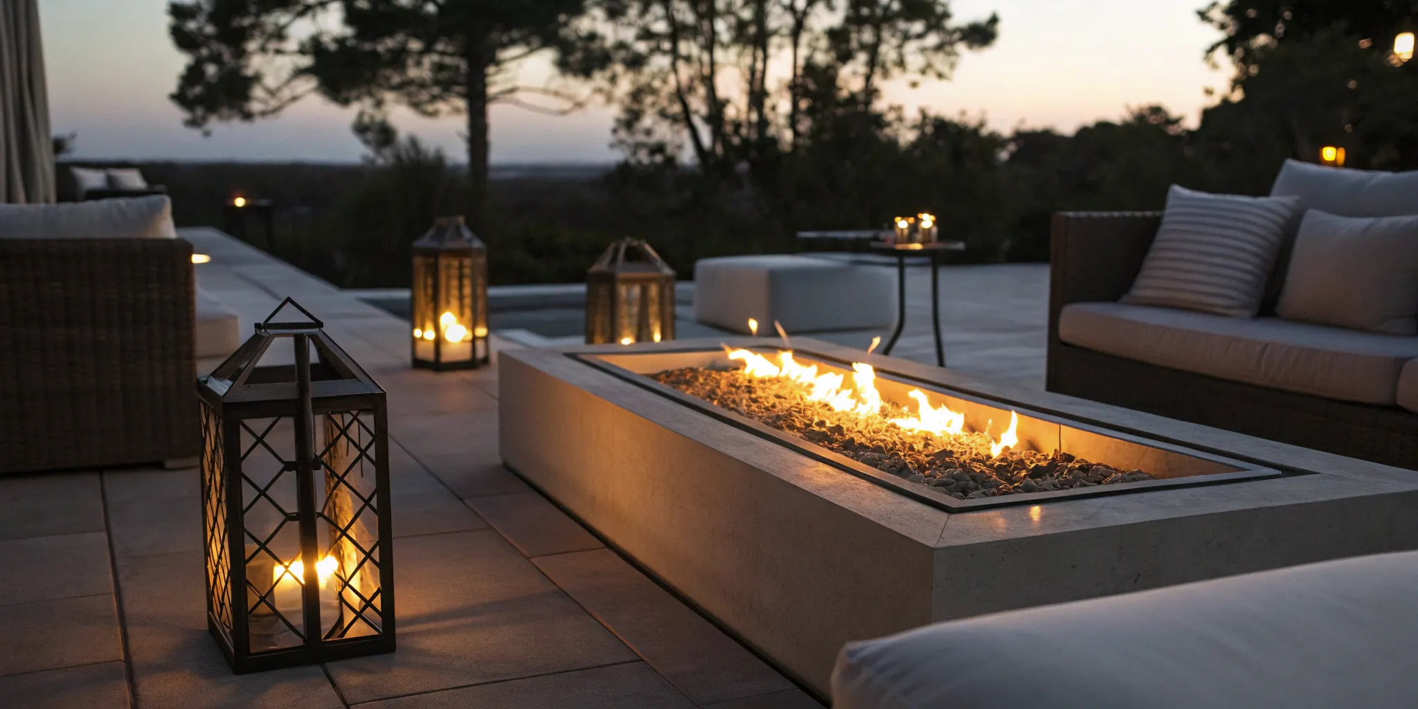A rectangular fire pit burner kit installed in a patio creating a large, warm fire.