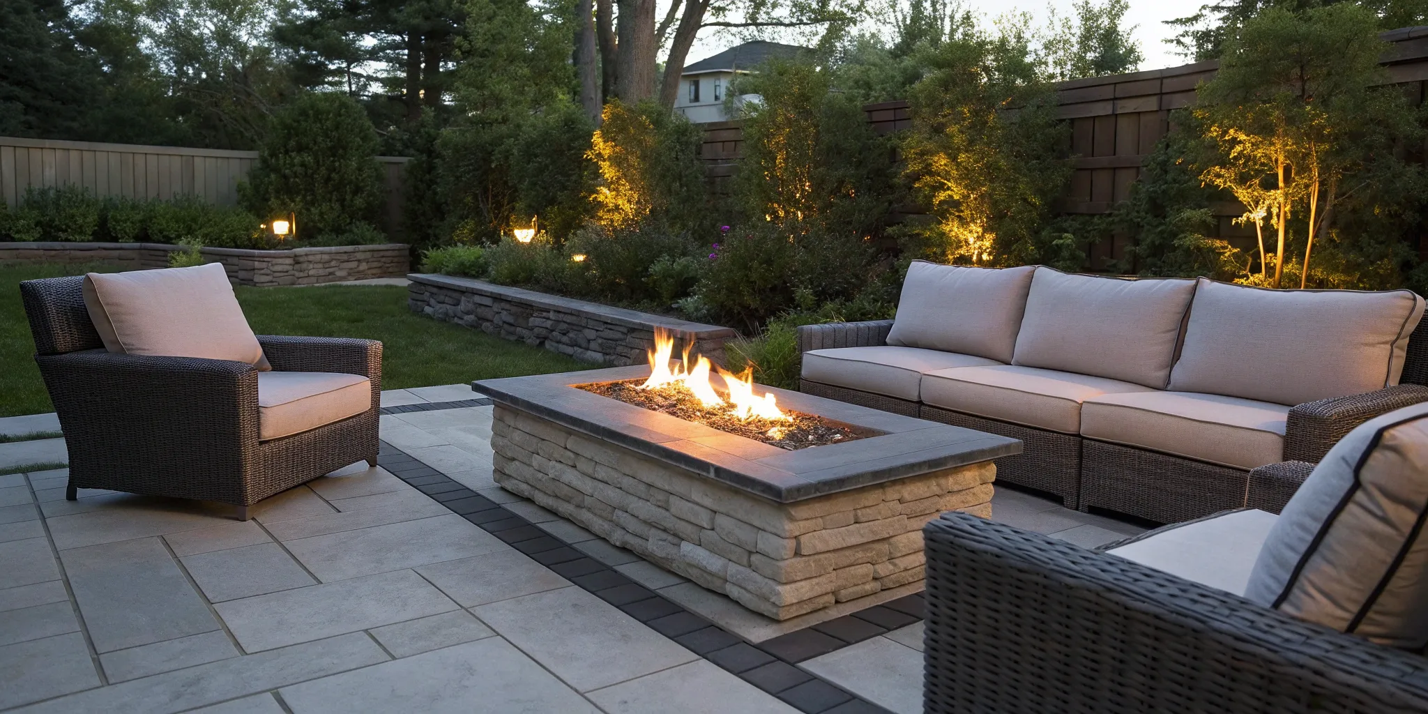 An outdoor gas fire pit kit creating a warm, inviting centerpiece on a modern patio.
