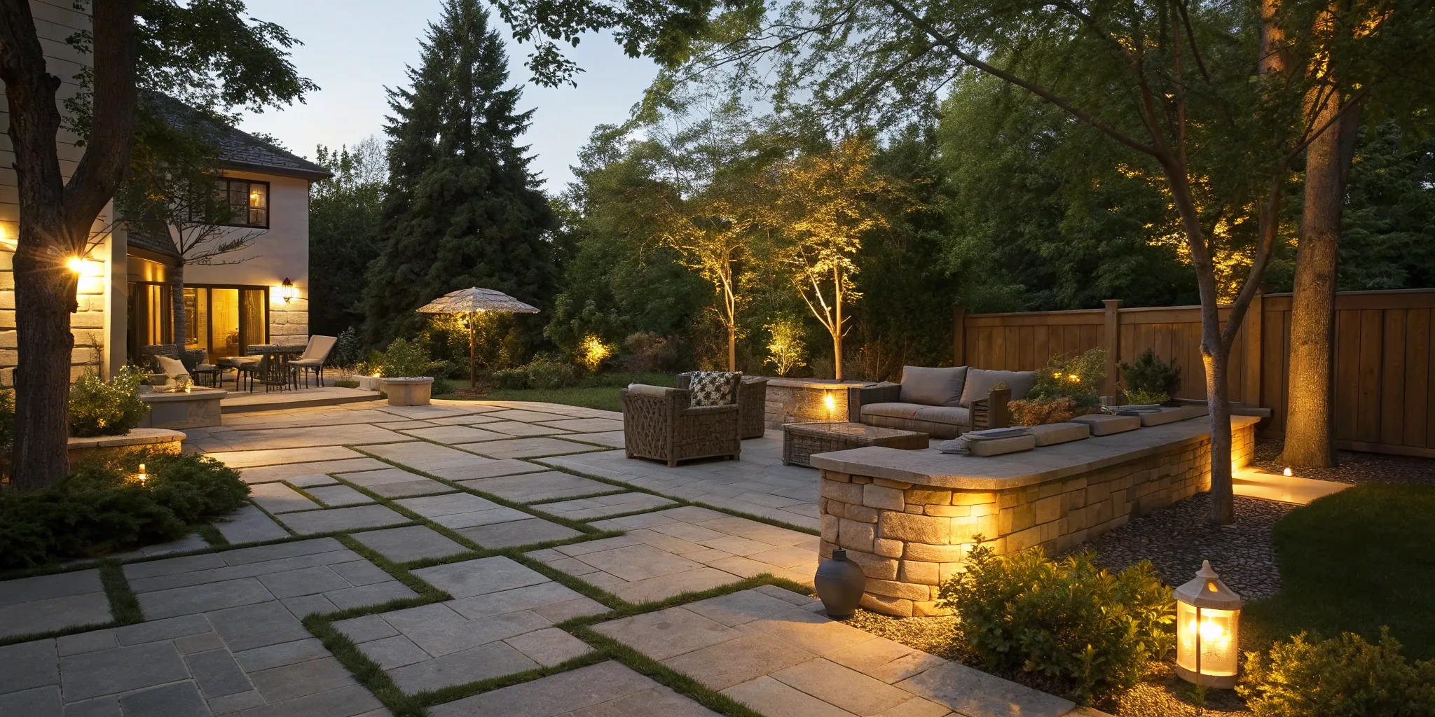 A completed natural stone patio installation featuring a seating area and level pavers.