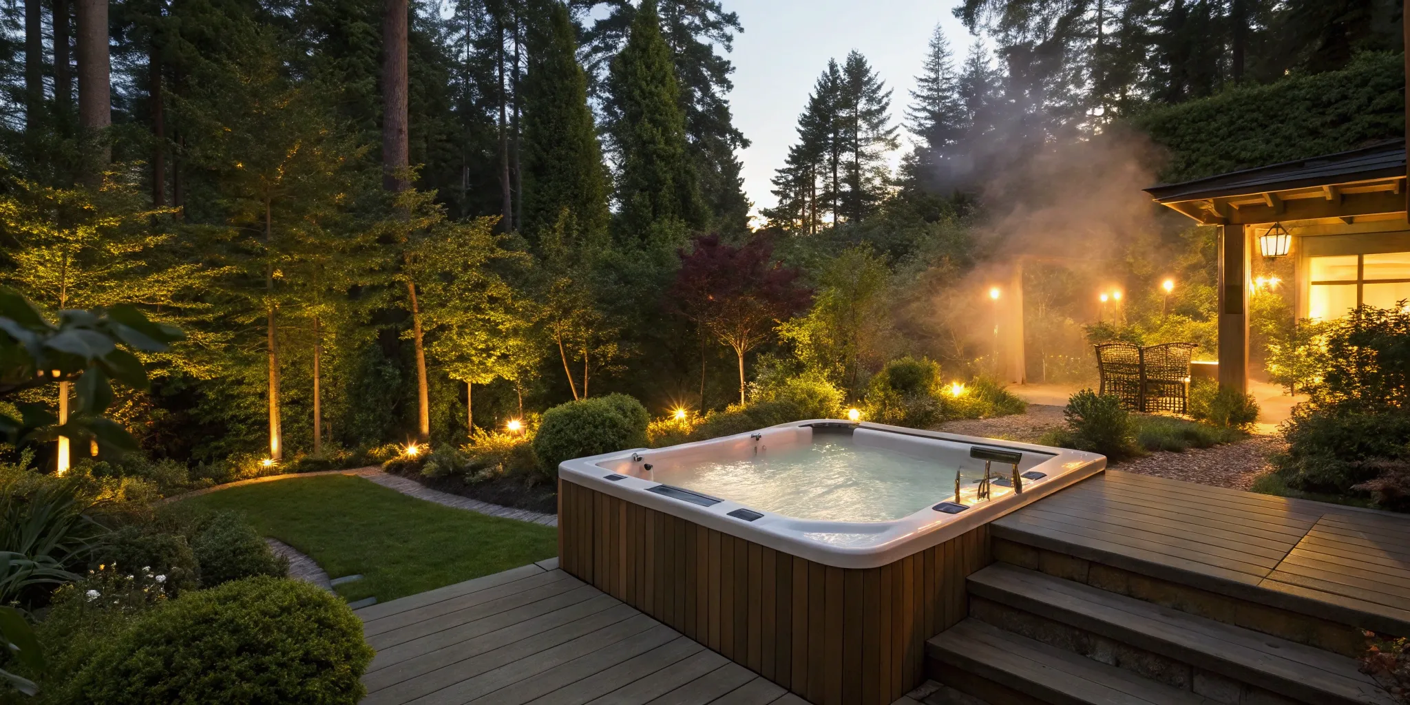A salt water hot tub with warm, steaming water offering health and relaxation benefits.